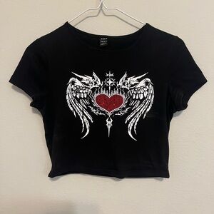 Black Crop Top with Red Jew Heart and Wings